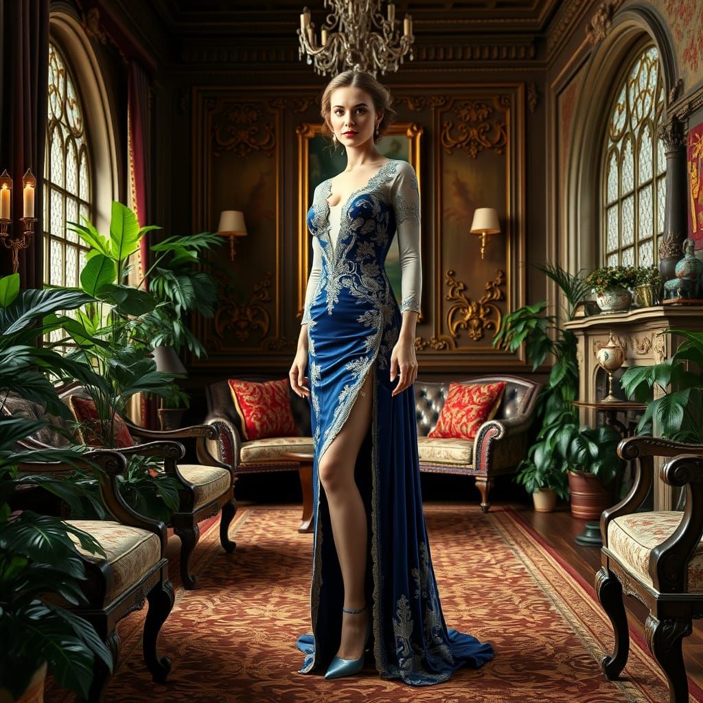 Opulent English Castle Living Room with Woman in Blue
