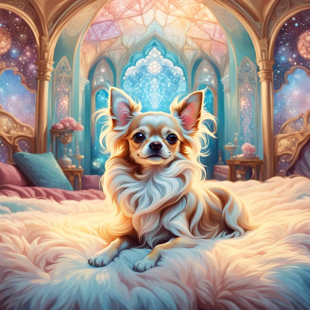 Chihuahua on Fluffy Bed in Art Nouveau Style
