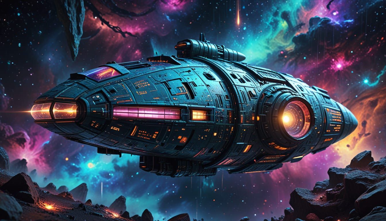 Neon Spaceship Navigates Cosmic Nebula in Graffiti Art Style