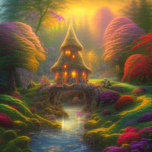 Ethereal Fairy Treehouse at Sunset in Fantasy Style