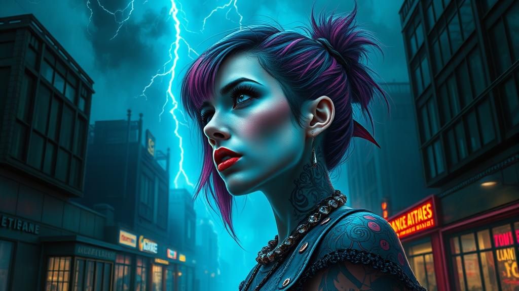 Punk Rock Woman in Neo-Western Cityscape