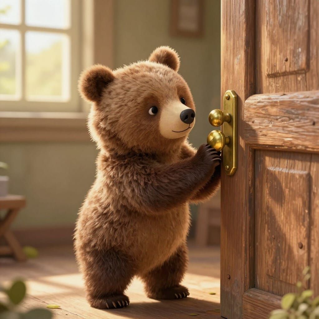 Adorable Bear Opens Rustic Door in Storybook Style