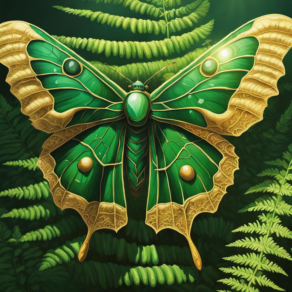 Emerald Moth with Gold Edge in Sunlight