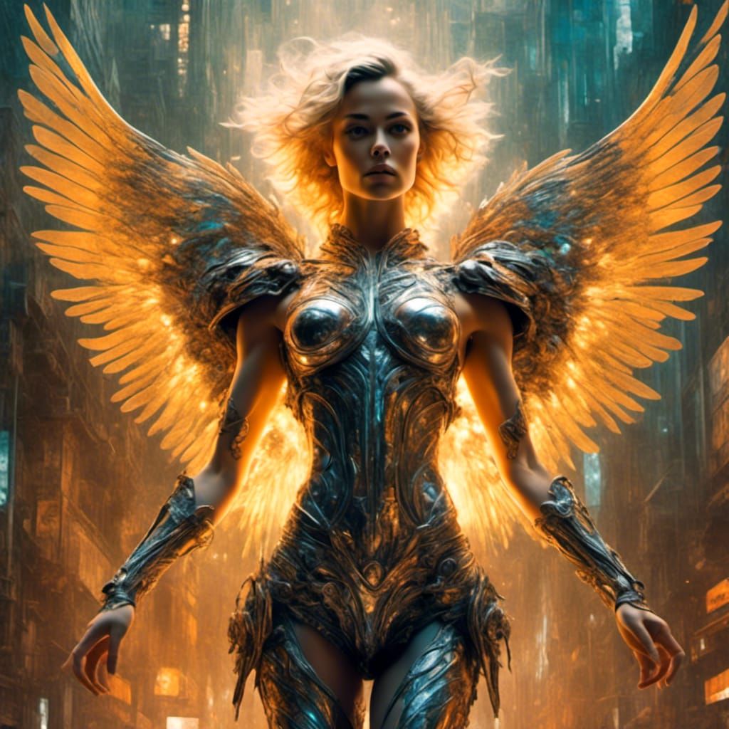 Winged Angel Bodybuilder in Christian Futurism Style