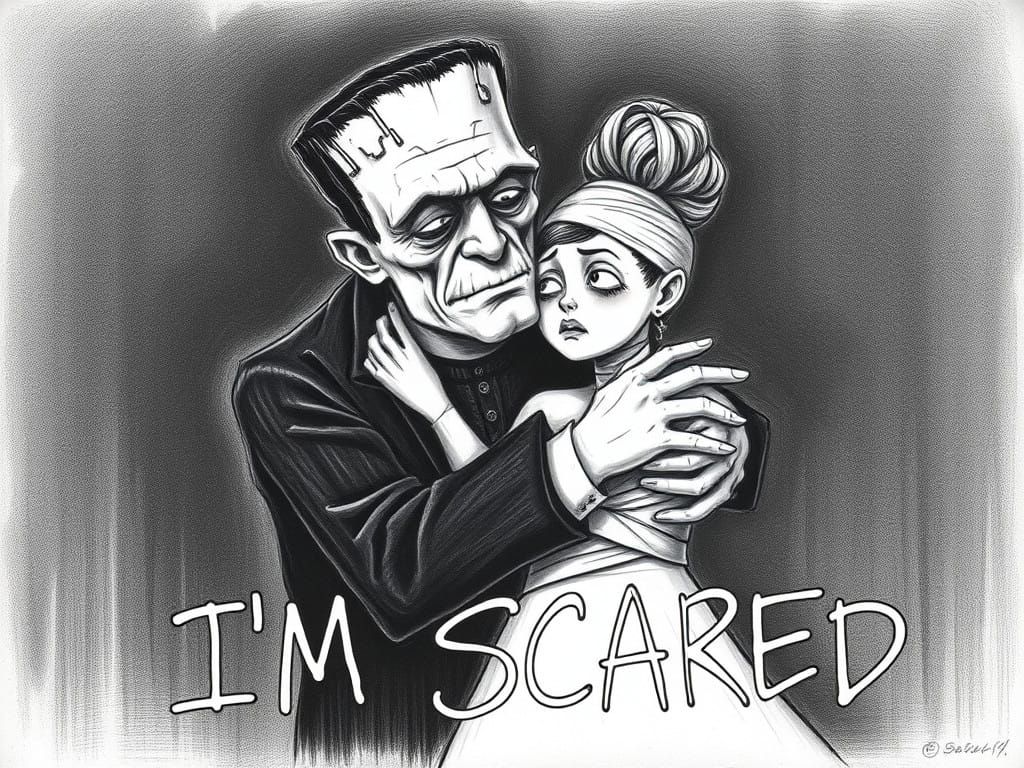 Frankenstein and the Bride of Frankenstein. Frankenstein hugging