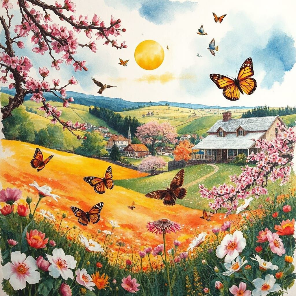 Vibrant Spring Landscape with Blooming Wildflowers and Flutt...