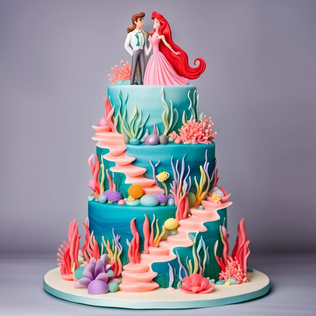 Elaborate Wedding Cake with Ariel and Prince Toppers