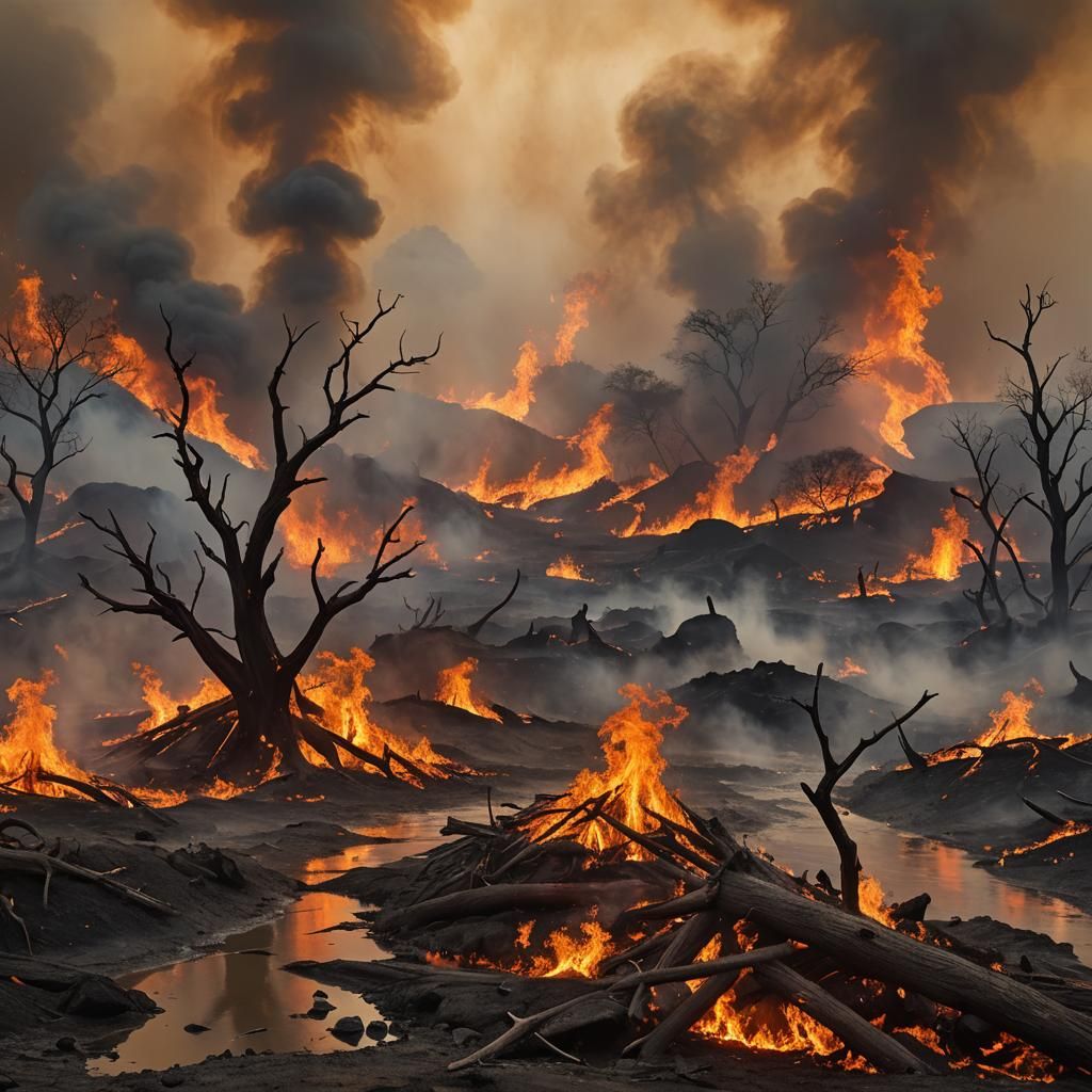 Resilient Figure Rising From Fiery Landscape