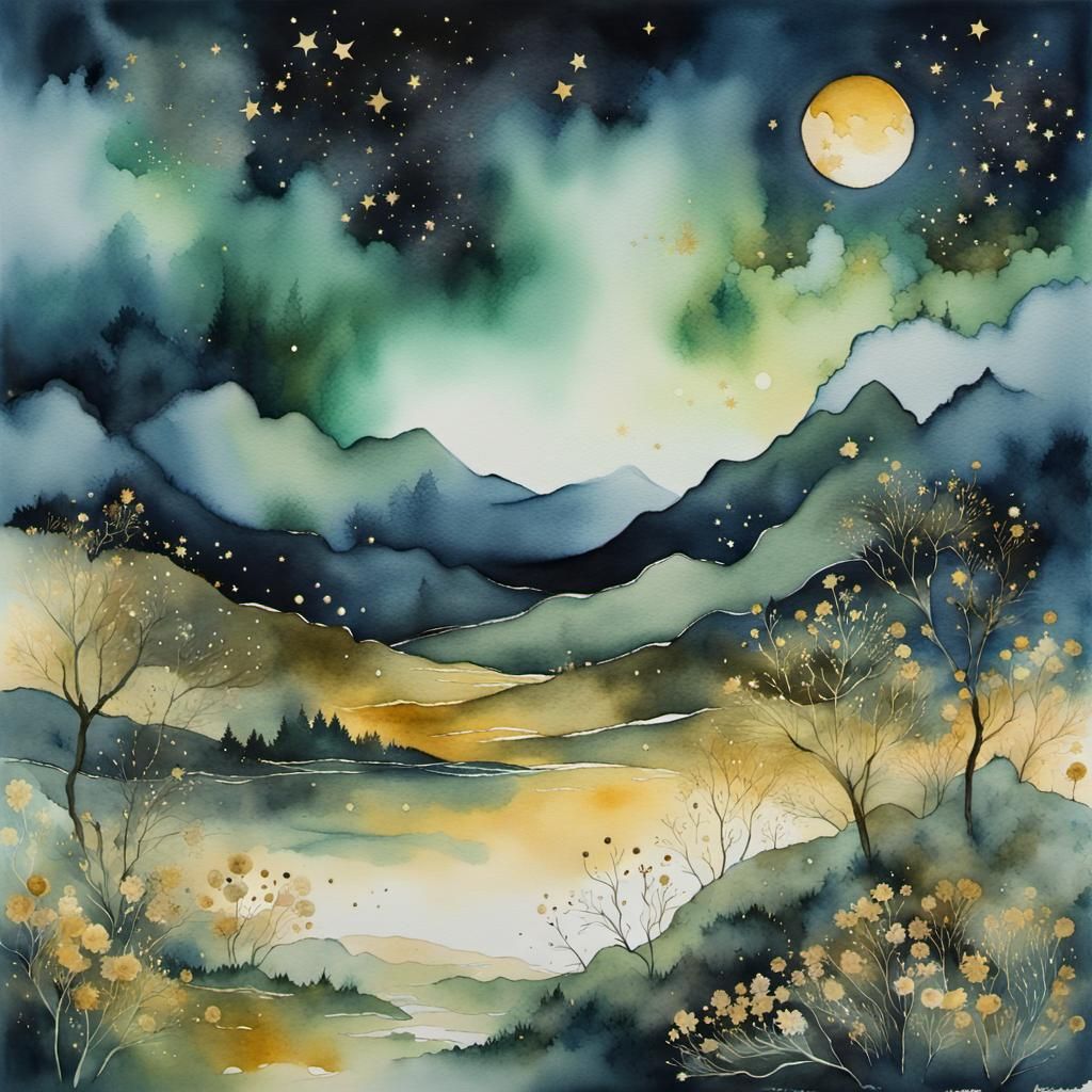 Mysterious Hazel Landscape with Golden Clouds in Watercolour