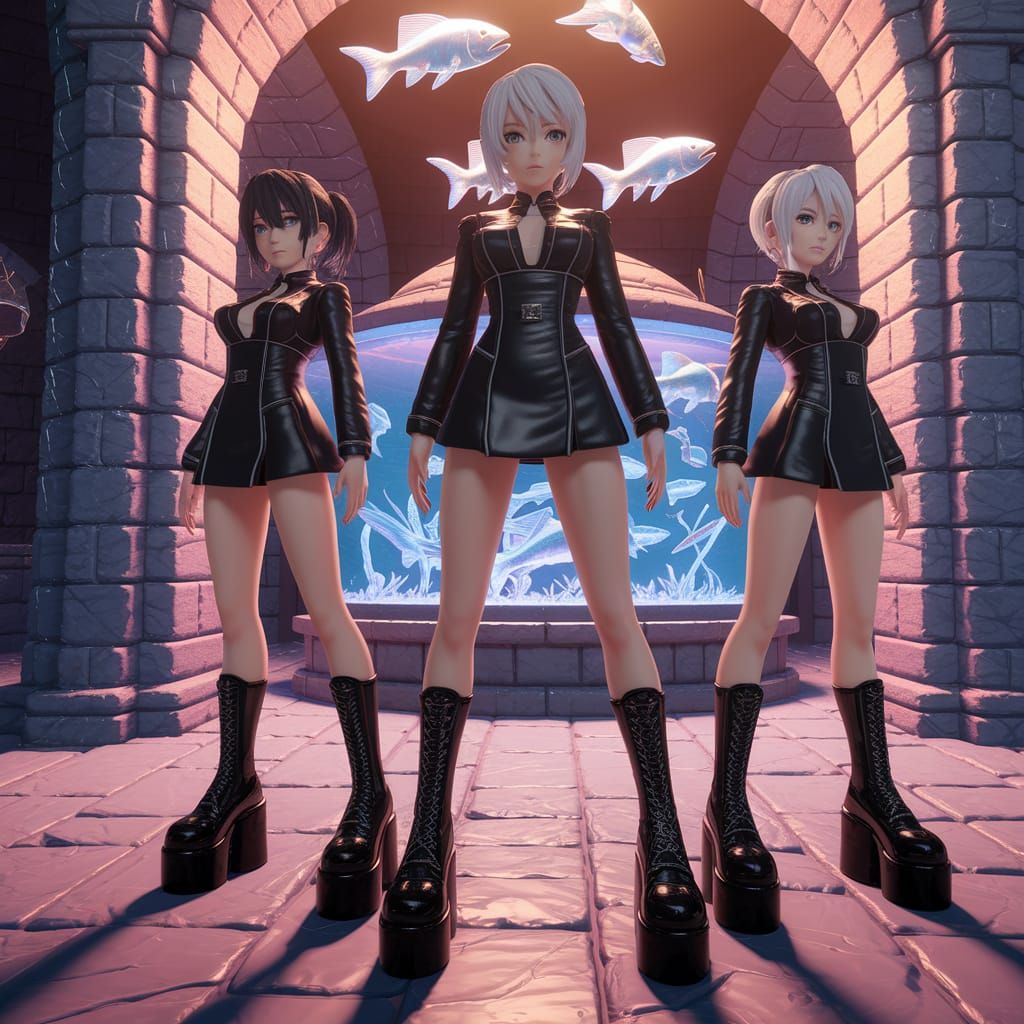 Female Prison Guards in Dungeon with Aquarium Tank