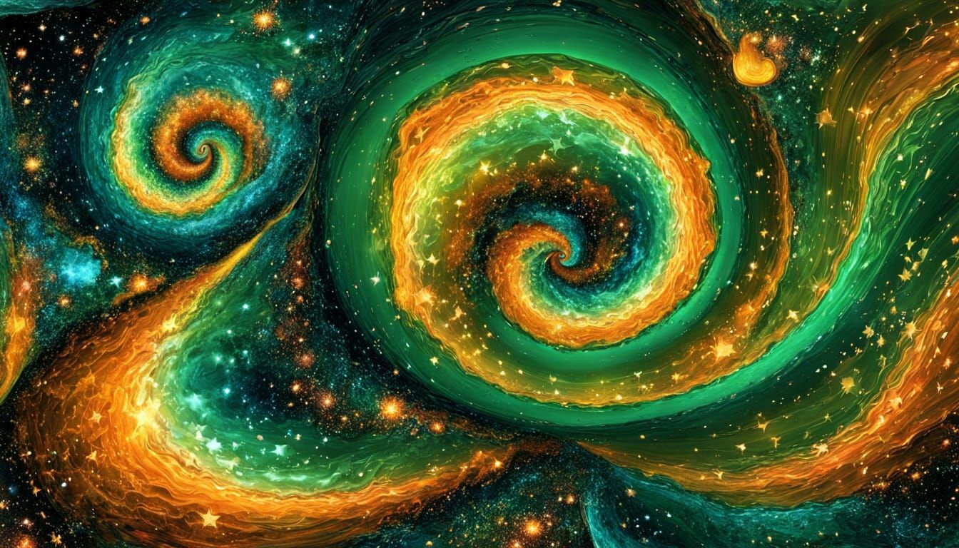 Surreal Cosmic Vortex in Vibrant Green and Orange