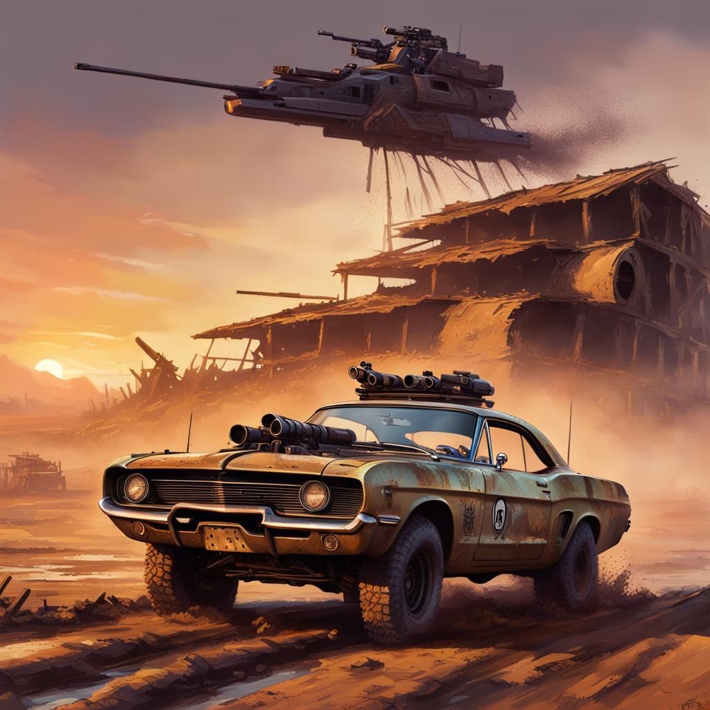 Post-Apocalyptic Muscle Car Race at Sunset