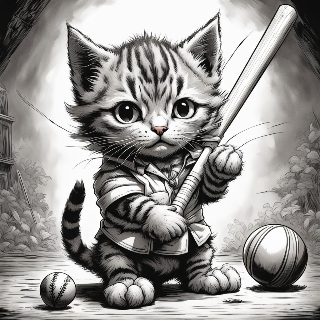Tabby Kitten Playing Cricket: Tenniel-Style Drawing