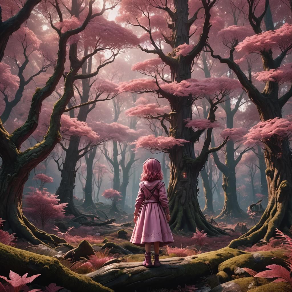 Little Girl in Pink in Nostalgic Forest