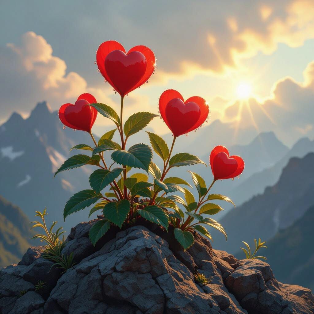 Red Heart Flowers on Mountain in Hyper-Realistic Style