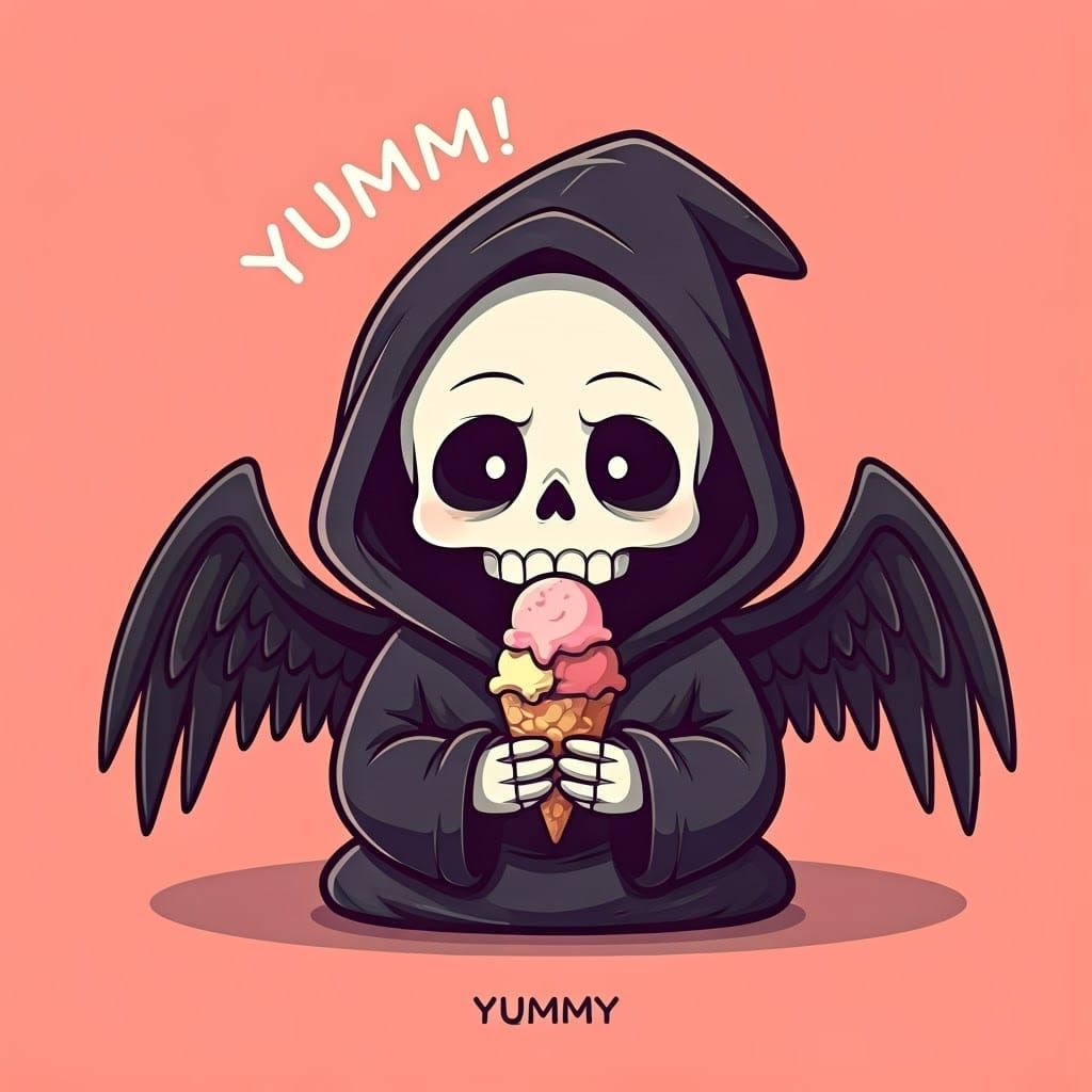 Grim Reaper Chibi Enjoying Ice Cream in Cute Anime Style