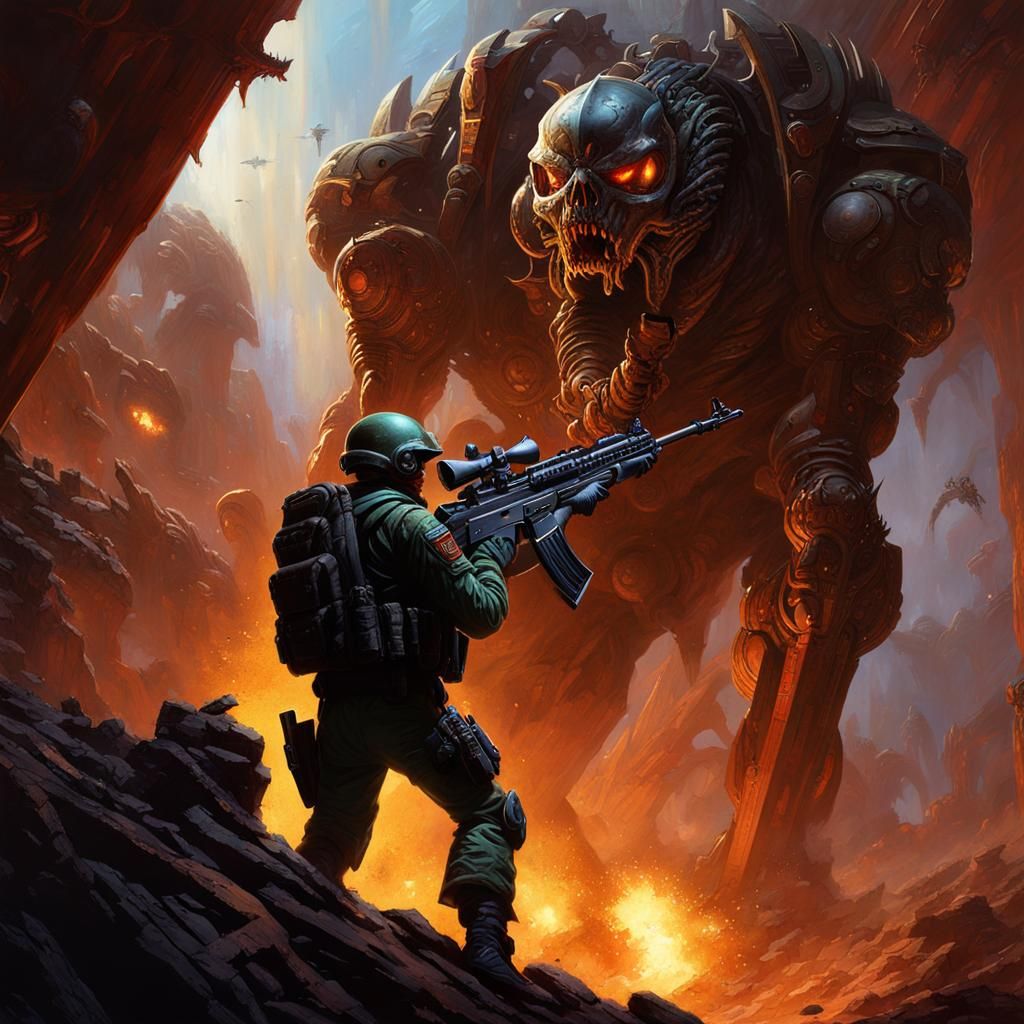 Sci-Fi Marine Fighting Demons in Dark Fantasy Style
