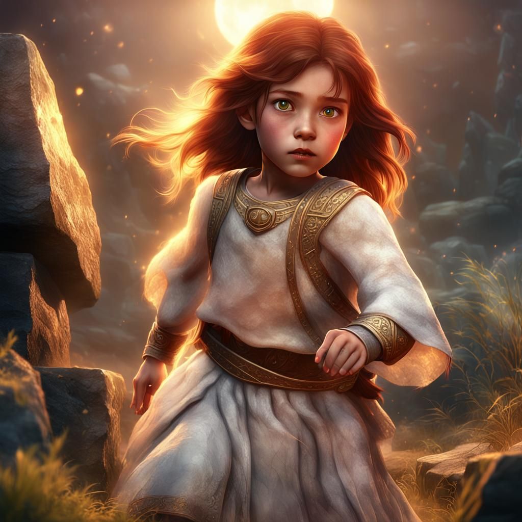 Brave Girl on Stone Platform: 3D Fantasy Art