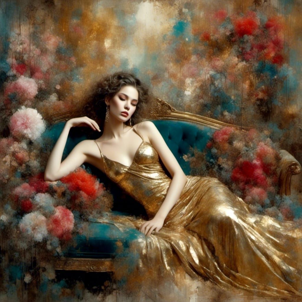 Woman Reclining in Garden: Klimt-Inspired Pastel Art