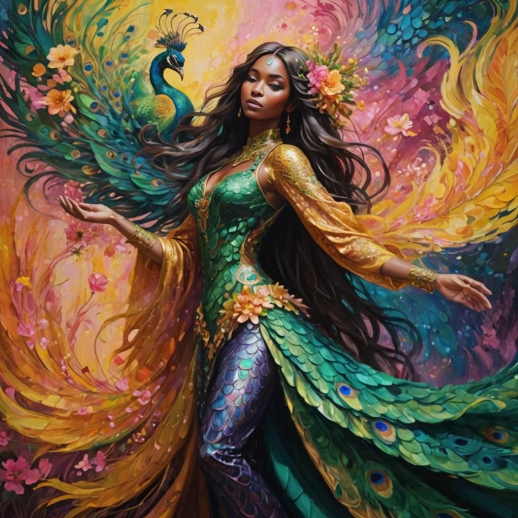 Fantasy Portrait: Dragon Peacock Woman in Abstract Expressio...