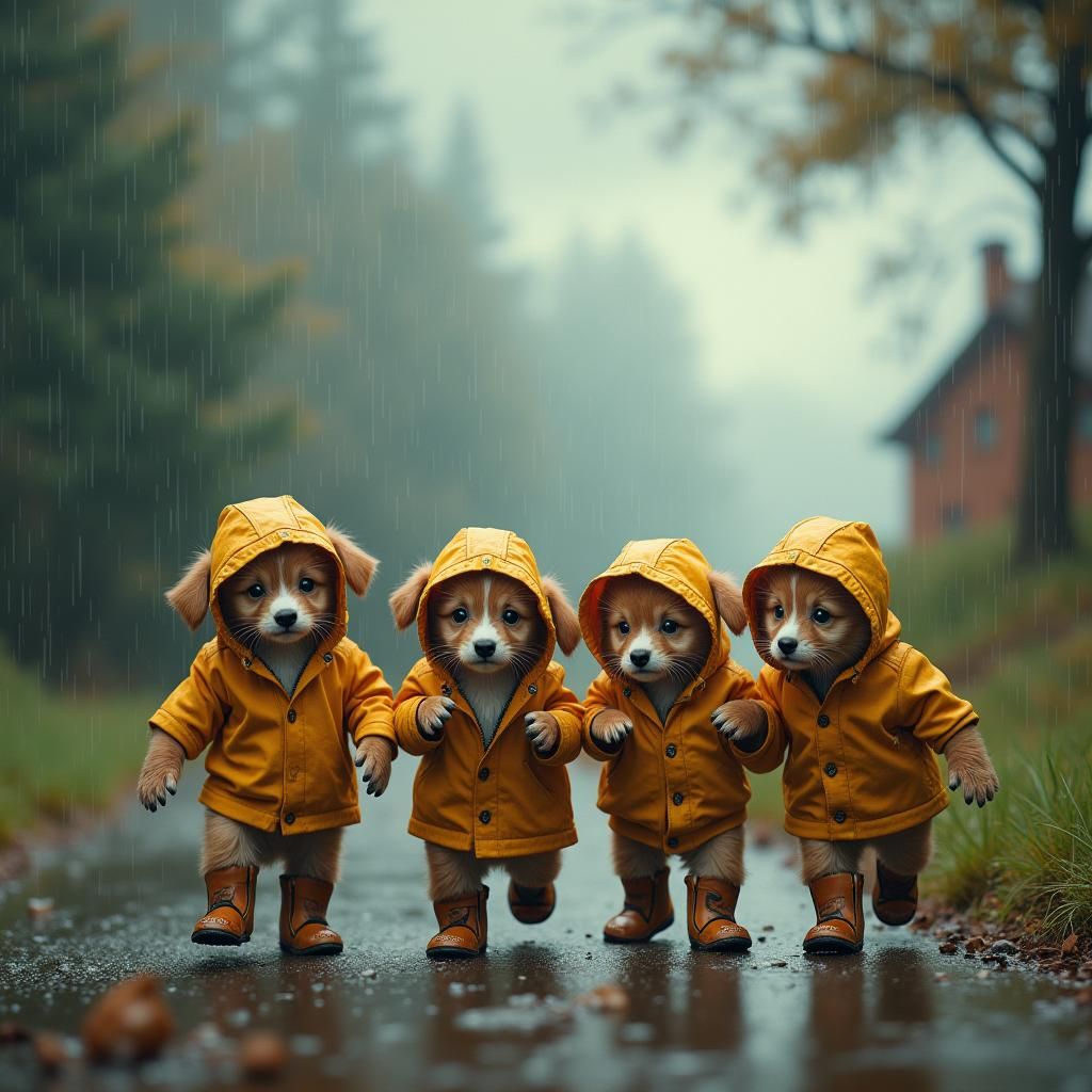 Puppies and Kittens Playing in the Rain, Hyperrealistic Spla...