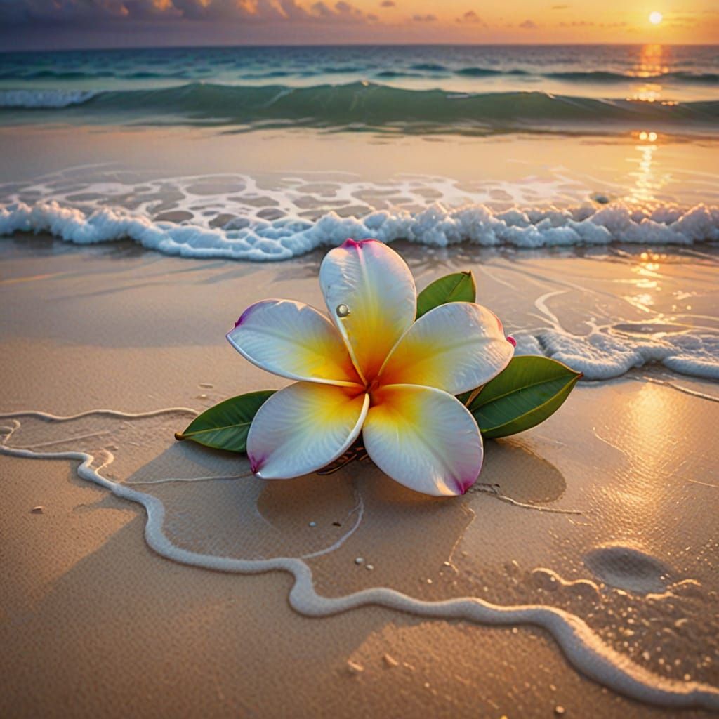 Plumeria Flower Floating on Ocean Waves at Sunset
