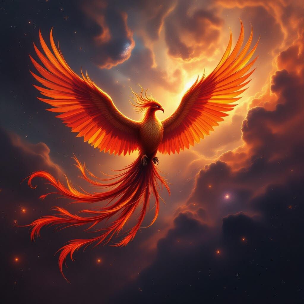 Majestic Phoenix Soars Through Fiery Nebula