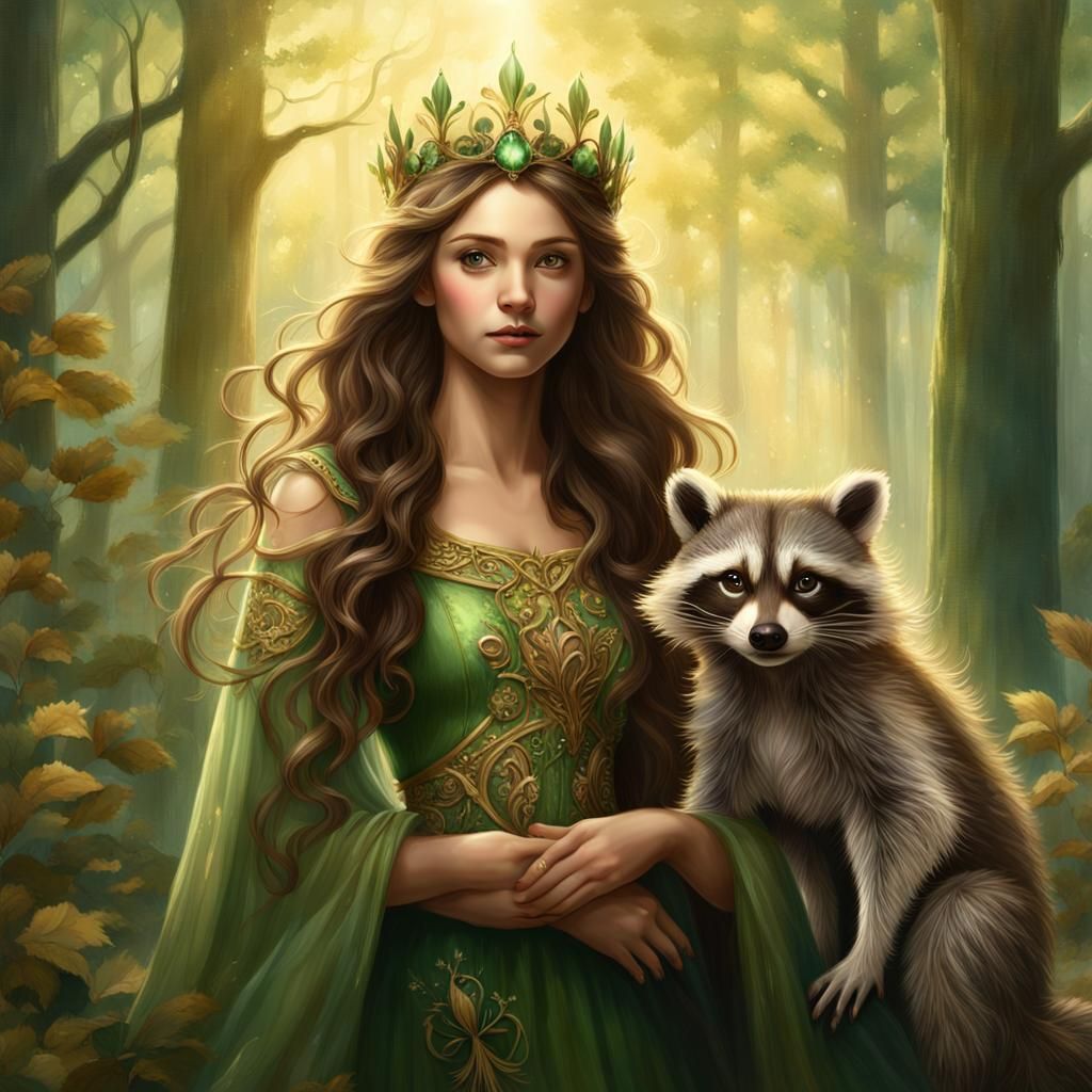 Beautiful fairy standing with a beautiful raccon. On the edge of a forest during the day. Bright sky. Long wavy brown ha...