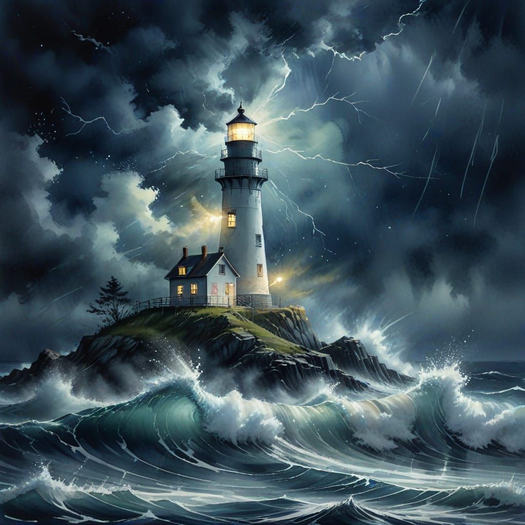 Dynamic Ocean Storm Lighthouse in Watercolor Art
