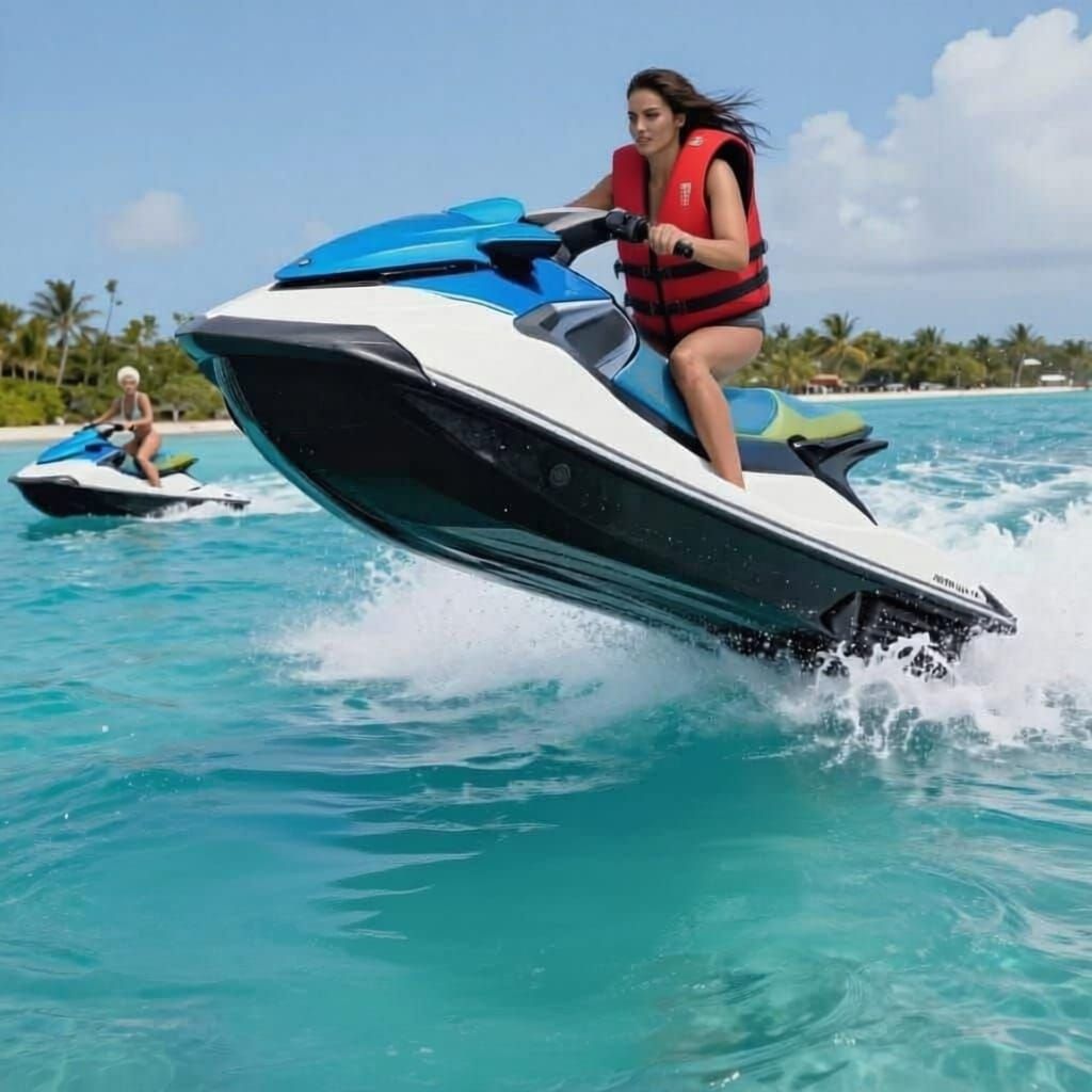 Women Racing Jet Skis in Caribbean Waters