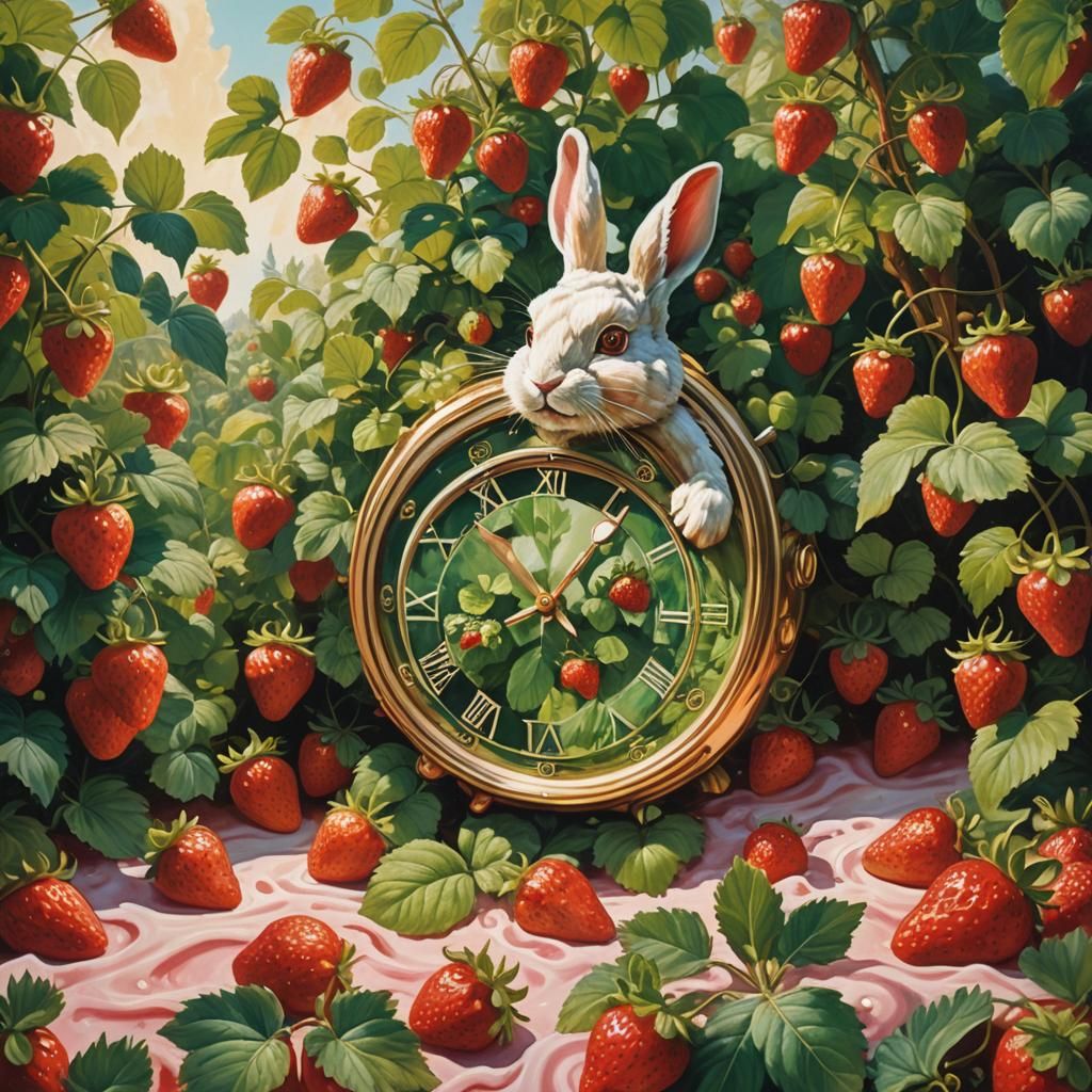 Strawberry Rabbit in Surrealist Oil Painting