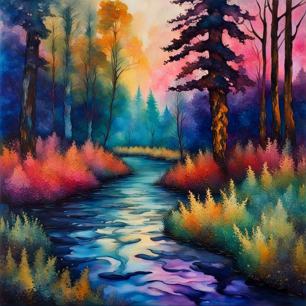 alcohol ink, impressionism, abstract forest, river runs thro...