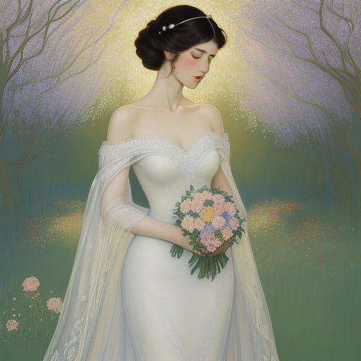 Ethereal Woman Nurses a Wounded Heart in Vibrant Garden