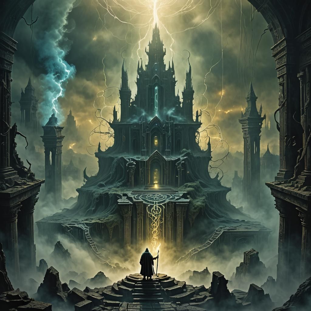 Powerful Sorcerer Casting Spell in Abandoned Temple