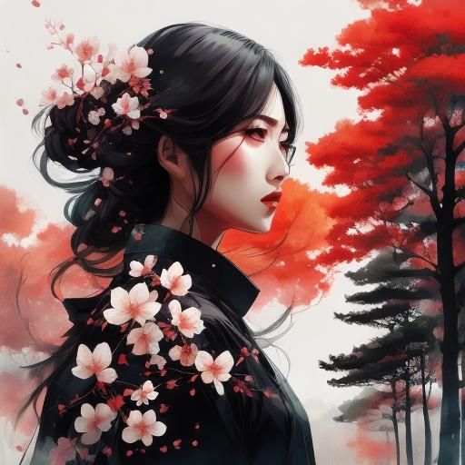 Double Exposure Portrait: Girl, Blossom, Bird, Tree