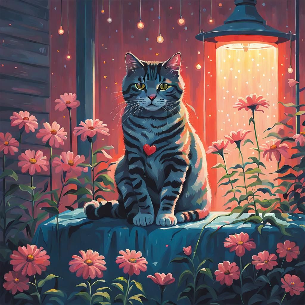 Cute Cat Surrounded by Flowers in Retro-Futurism