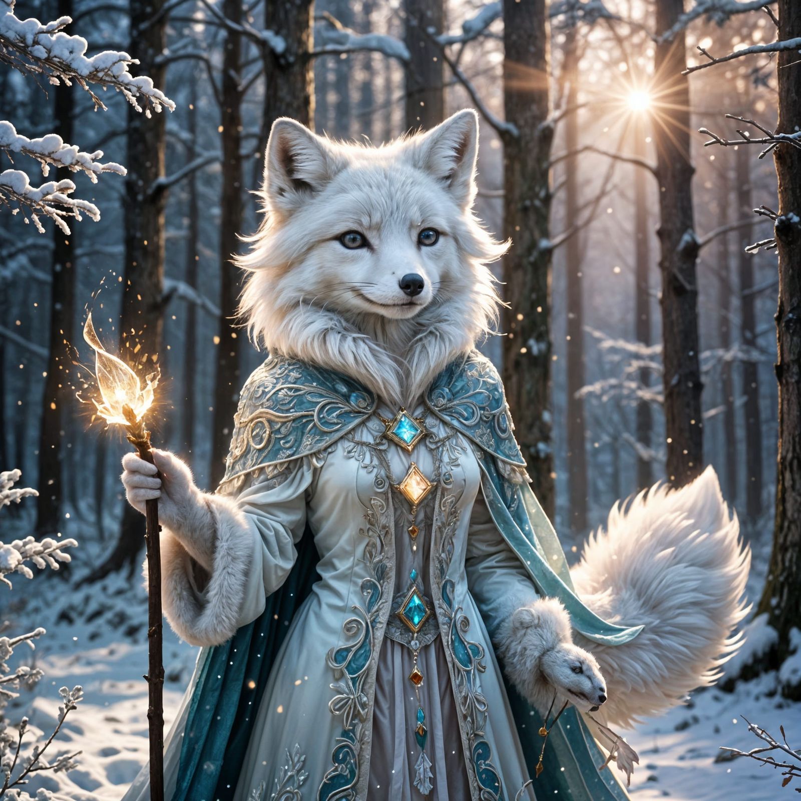 Arctic Fox Mage Casting Spell in Anime Style