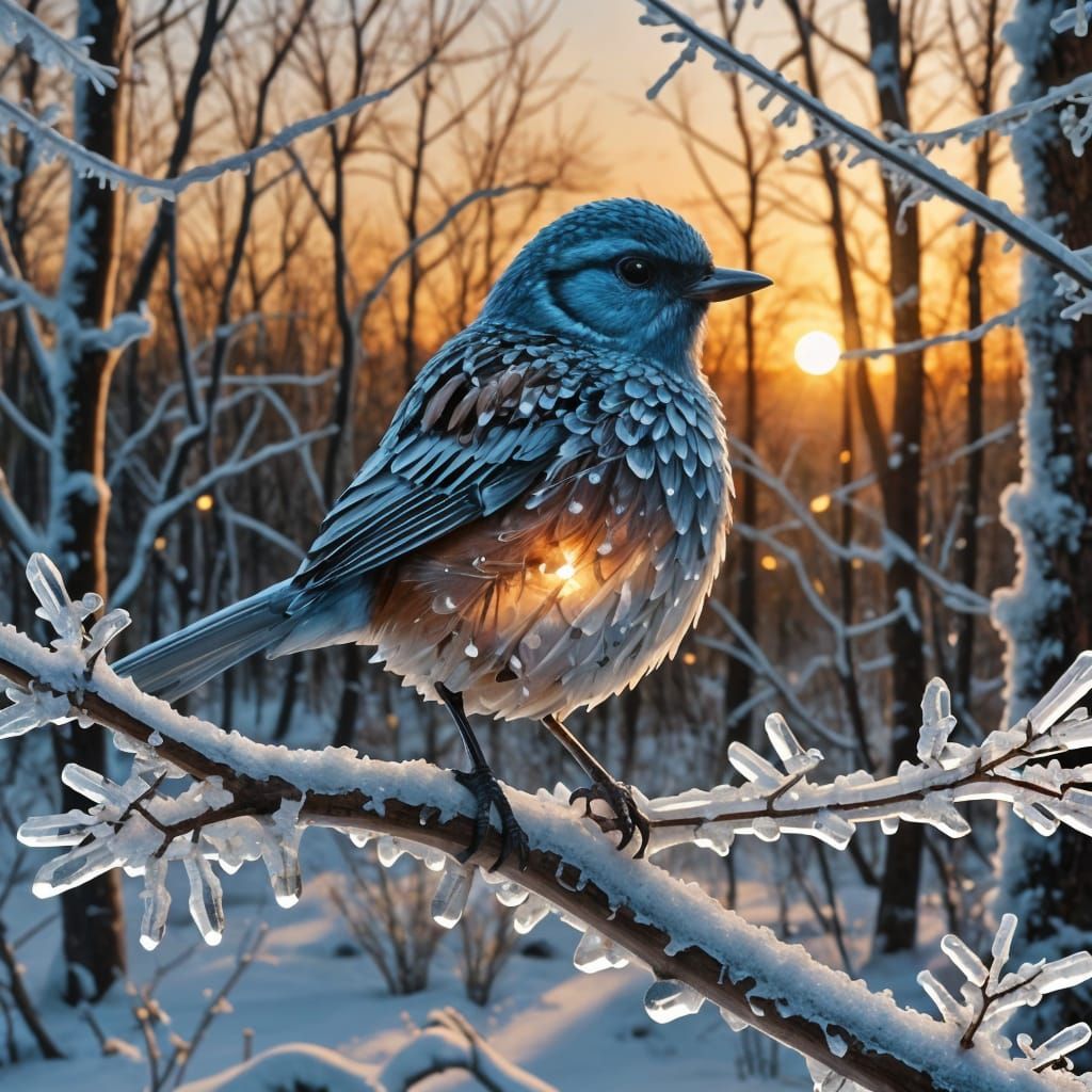 Frozen Bird in Sunset Forest