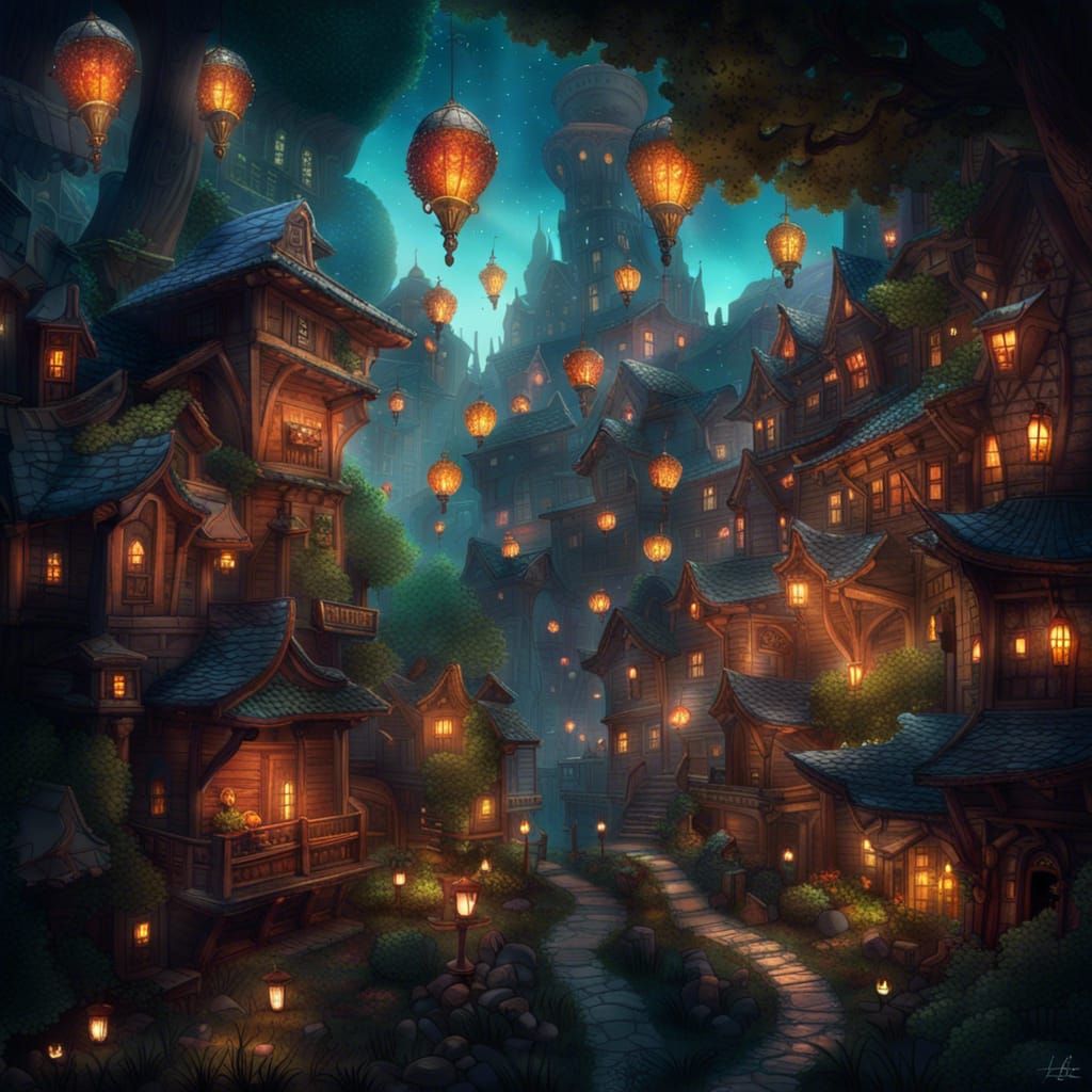Fantastical Gemstone Town with Magical Forest Aura