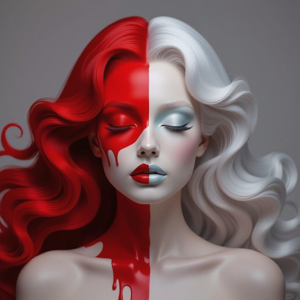 Surreal Woman Portrait with Crimson and Silver Mask