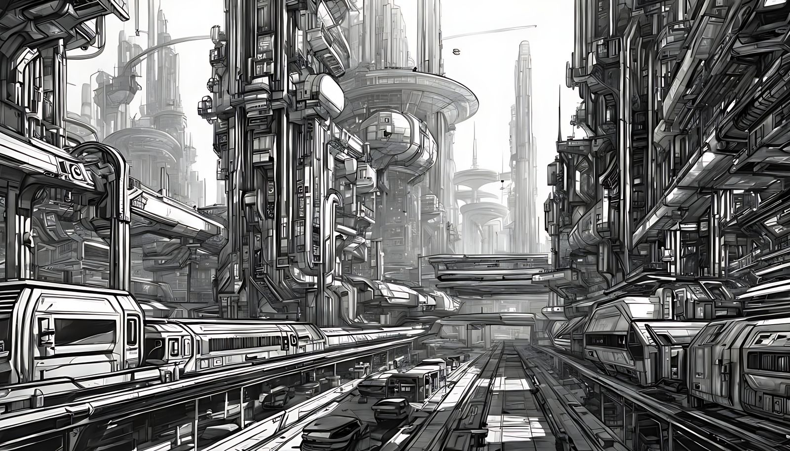 B&W Ink drawing of an entire machine city