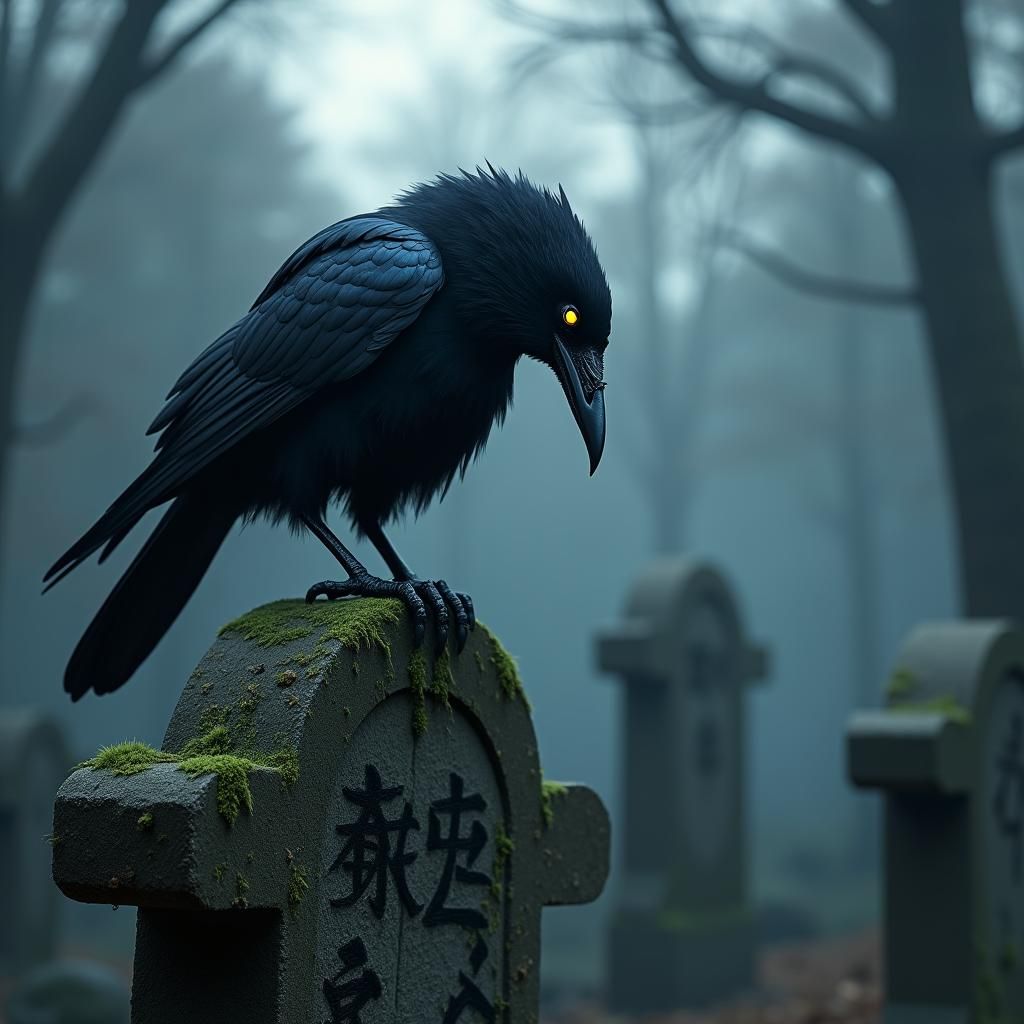 Mystical Crow in Moonlit Graveyard: Japanese Art Style
