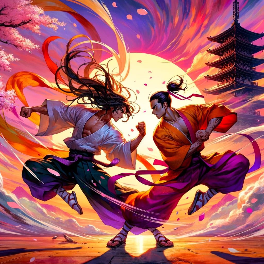 Anime Martial Artists Spar at Sunset Pagoda