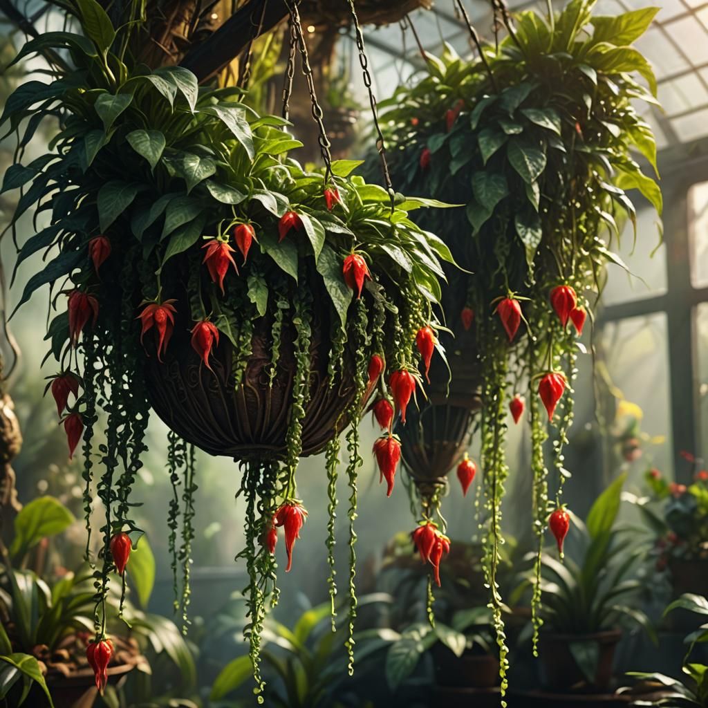 Hanging Columnea Hirta in Greenhouse: Digital Matte Painting