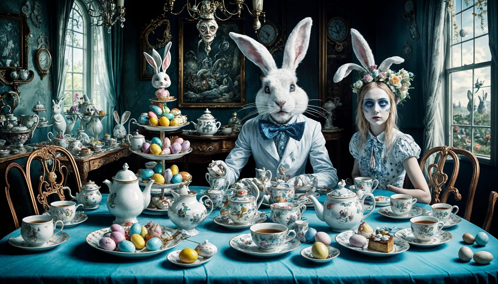 Surreal Whimsical Easter Scene with Alice and the White Rabb...
