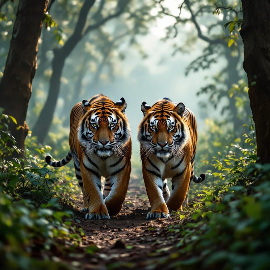 Bengal Tigers in Misty Forest: Cinematic Style