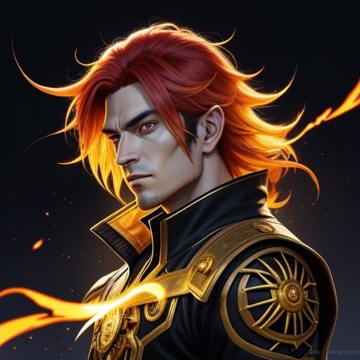 "A rebellious and flamboyant male anime character with sharp...