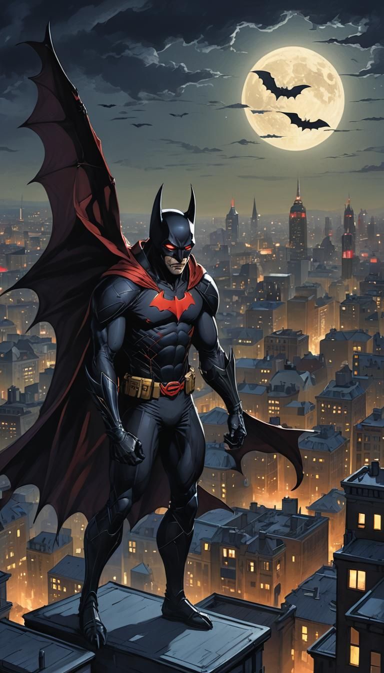 Nocturne: Bat-Faced Superhero on Moonlit Rooftop