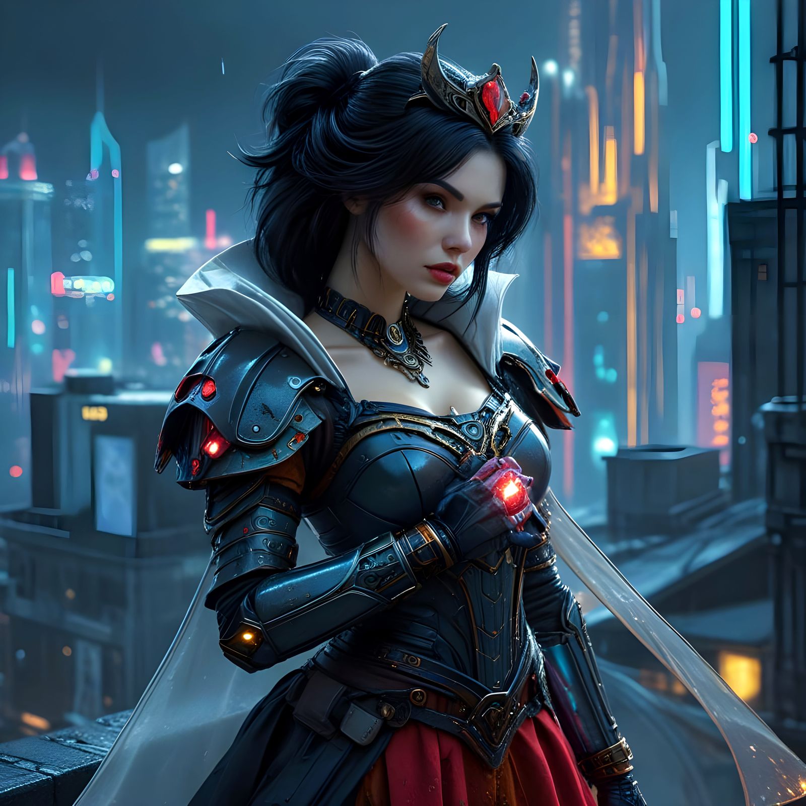 Cyberpunk SnowWhite in Futuristic Armour on Dark Neon City R...