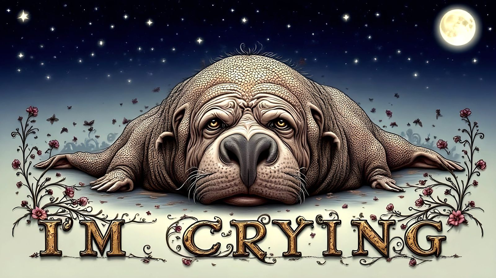 Weeping Walrus Illustration with 'I'm Crying' Text